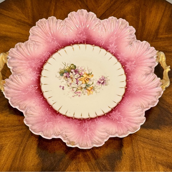 Antique Pink Floral Porcelain Decorative Cake Plate with Handles 12” - Picture 4 of 12